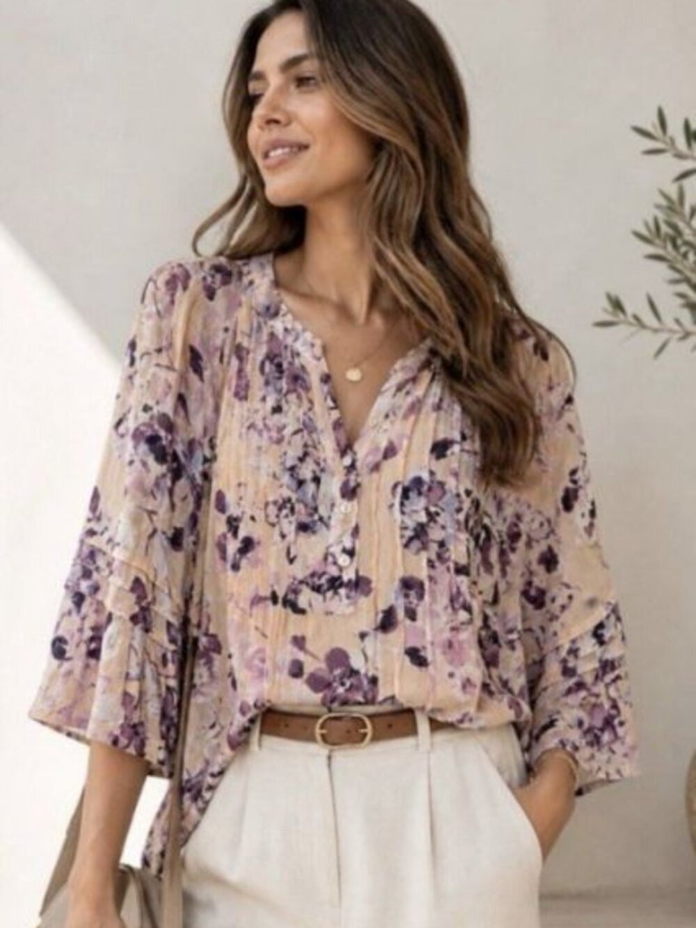 J. Jill Sz S Pintuck Bell Sleeve Floral Purple Peach 3/4 Sleeve Top Boho Peasant